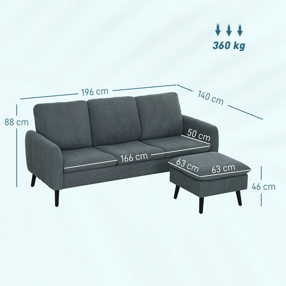 image 1 of HOMCOM 3 Seater Corner Sofa Couch Settee with Chaise Lounge, Charcoal Grey