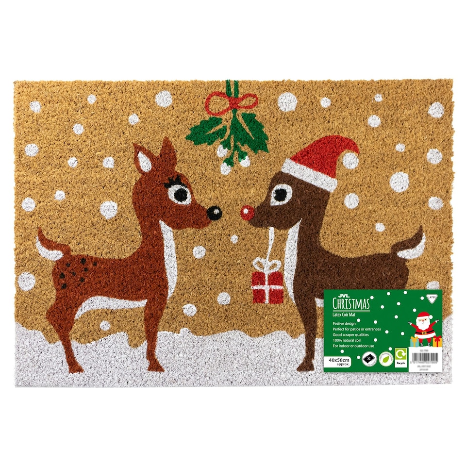 image 1 of JVL Festive Christmas Coir Doormat with Latex Back 40x58cm, Reindeers