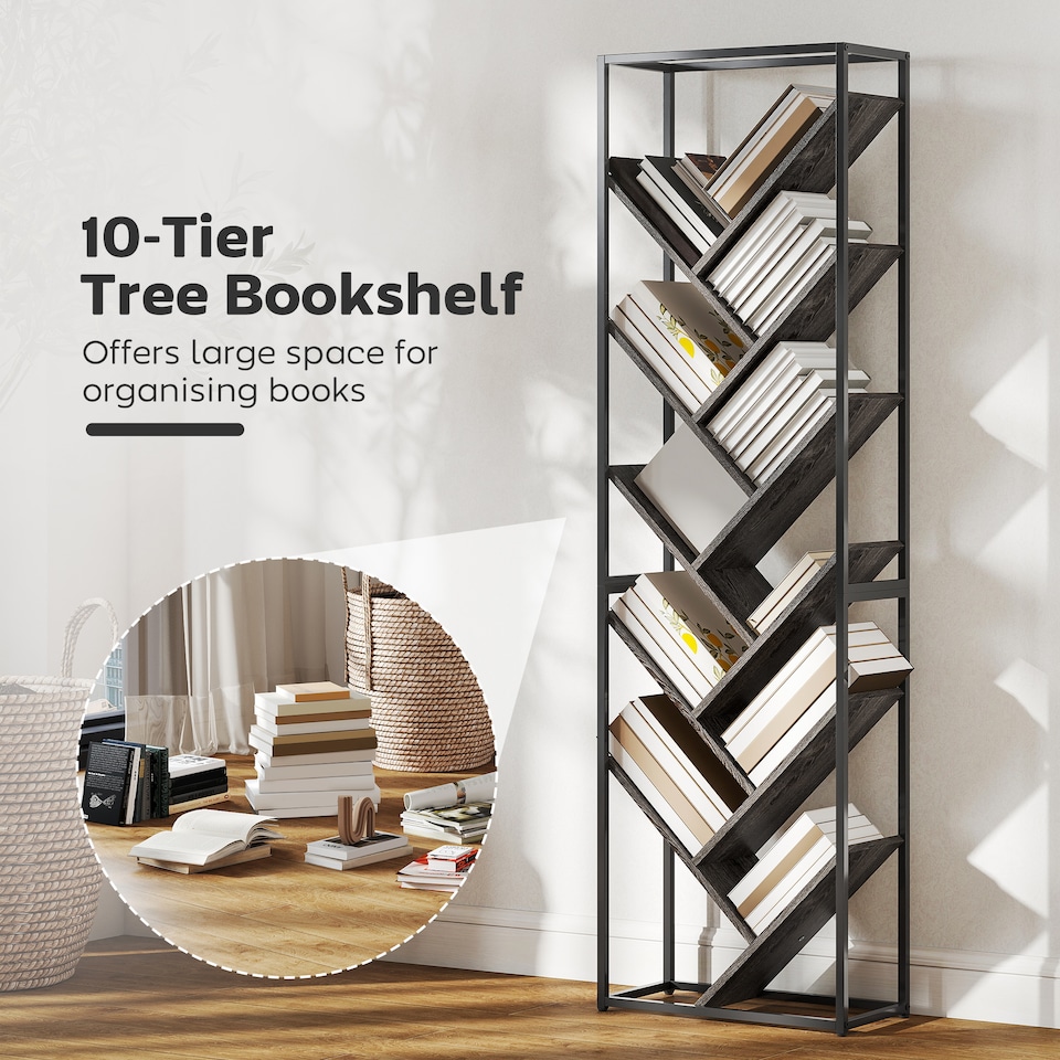 image 1 of HOMCOM Tree Bookshelf, 10 Tier Floor Standing Bookcase, Industrial Tall Display Storage Shelving Unit for Living Room, Home Office, Bedroom, Grey and Black | Black | Grey and Black