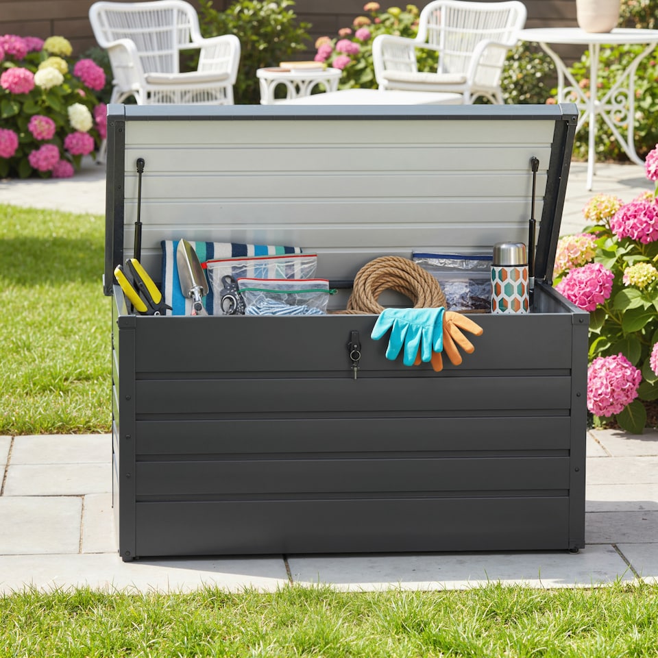 image 1 of Outsunny 311L Garden Storage Box, Outdoor Storage Box Waterproof with Lockable Lid and Gas Rods, Galvanised Steel Deck Box Container for Tools, Cushions, Accessories, Dark Grey