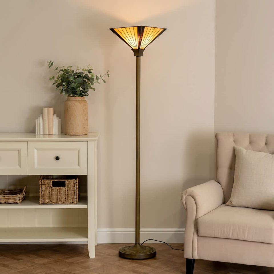 image 1 of ValueLights Tiffany Gold Floor Lamp Yellow Uplighter Lamp Shade | Gold