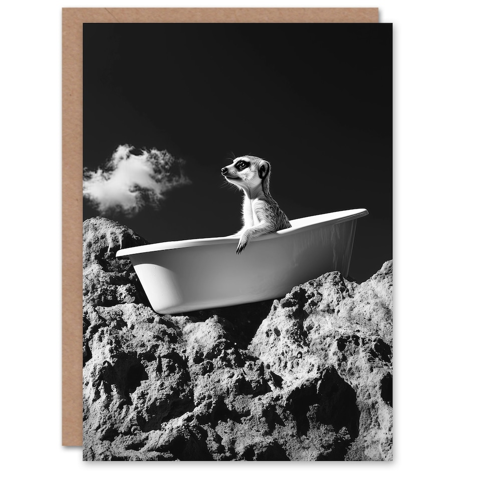 image 1 of Meerkat in Bathtub on a Rock Black White Surreal Birthday Greeting Card