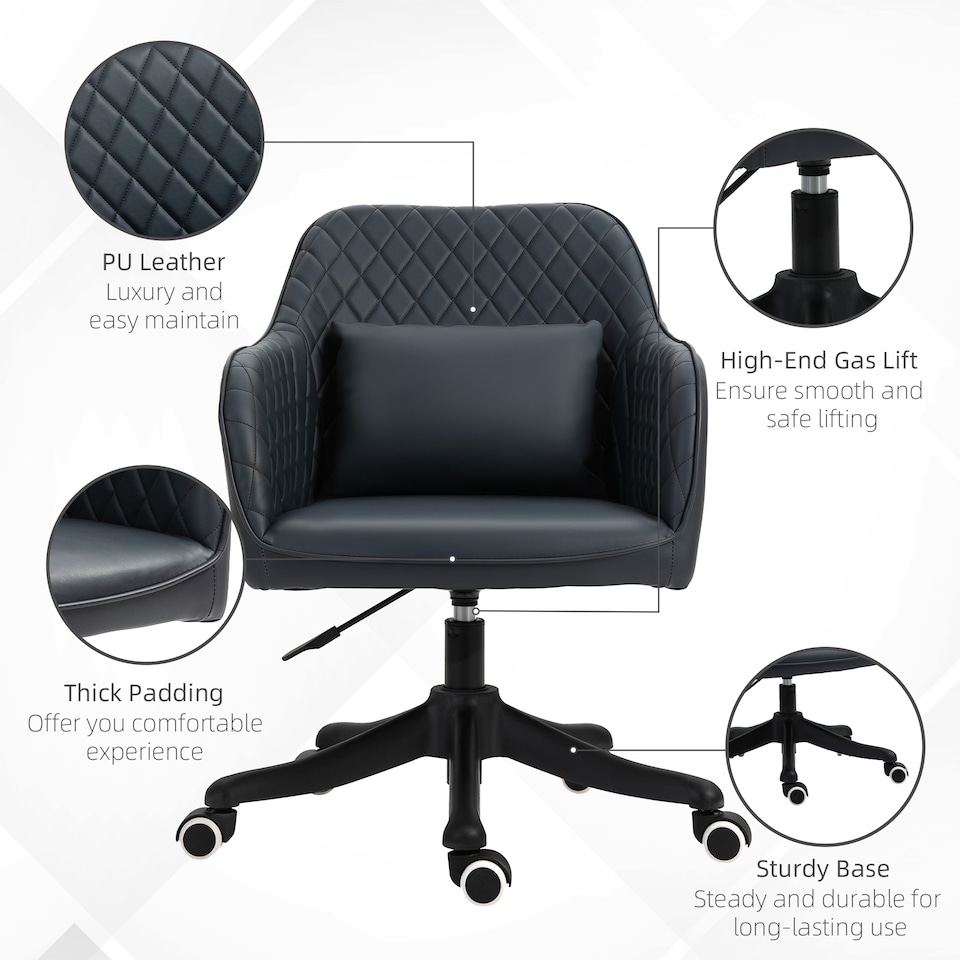 image 1 of Vinsetto PU Leather Office Chair, Desk Chair, Makeup Vanity Chair with Massage Lumbar Pillow and Rolling Wheels for Bedroom and Home, Deep Blue