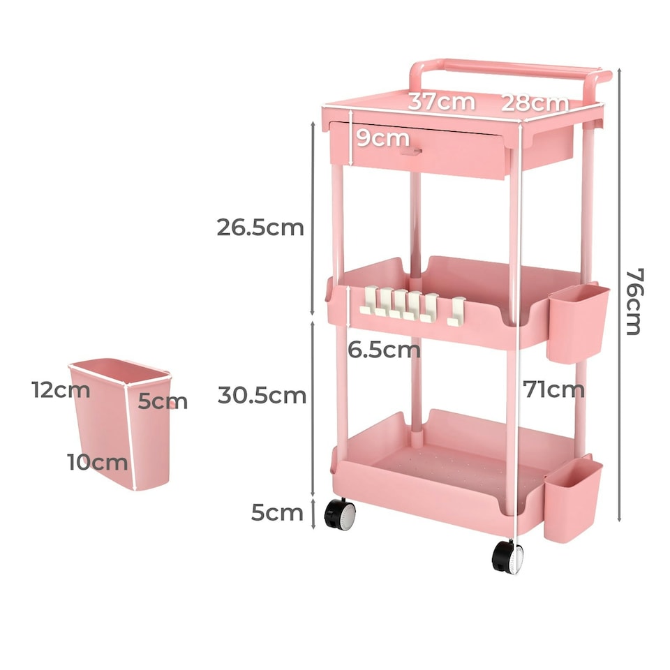 image 1 of Levede 3 Tier Storage Trolley Cart on Wheels Kitchen Utility Rolling Rack Shelf