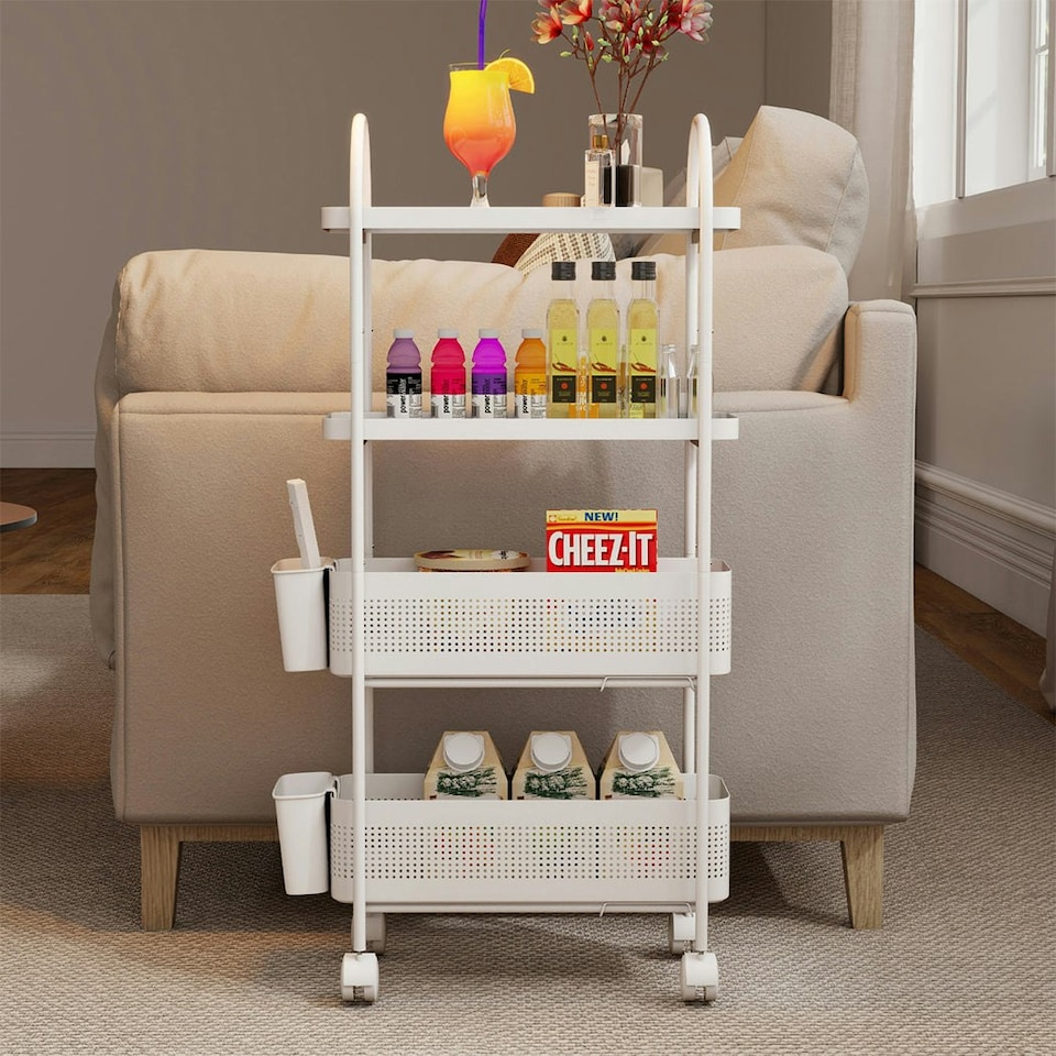 image 1 of Levede 4 Tier Kitchen Trolley Cart Narrow on Wheels Pull out Bakset Storage Bins