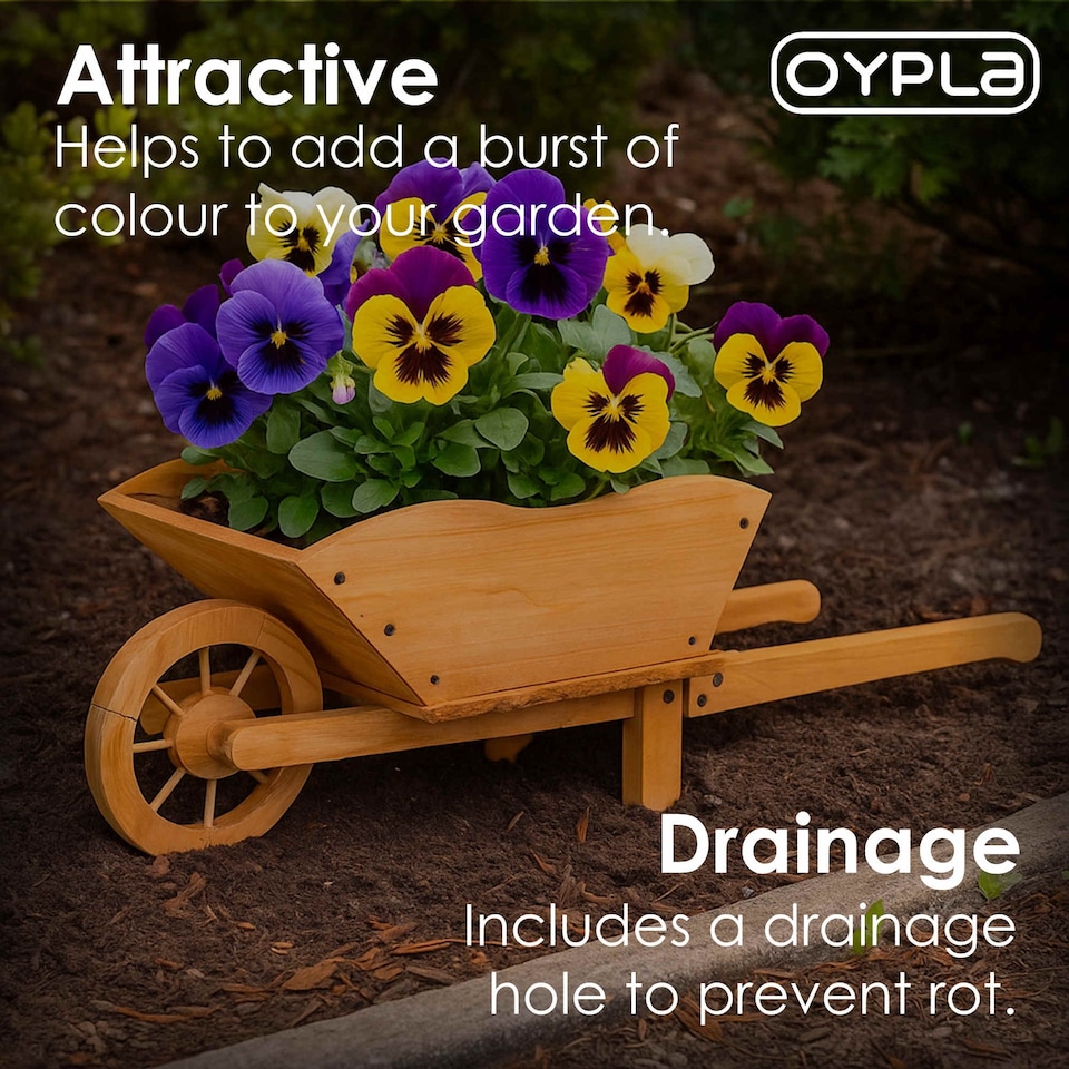 image 1 of Garden Wooden Wheelbarrow Flower Planter Ornamental Plant Pot | Brown