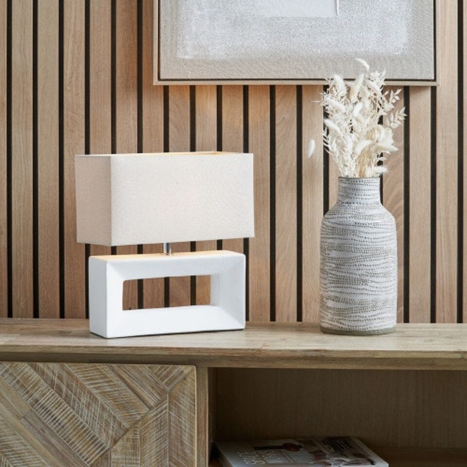 image 1 of Block White Ceramic Rectangular Table Lamp Cream | White