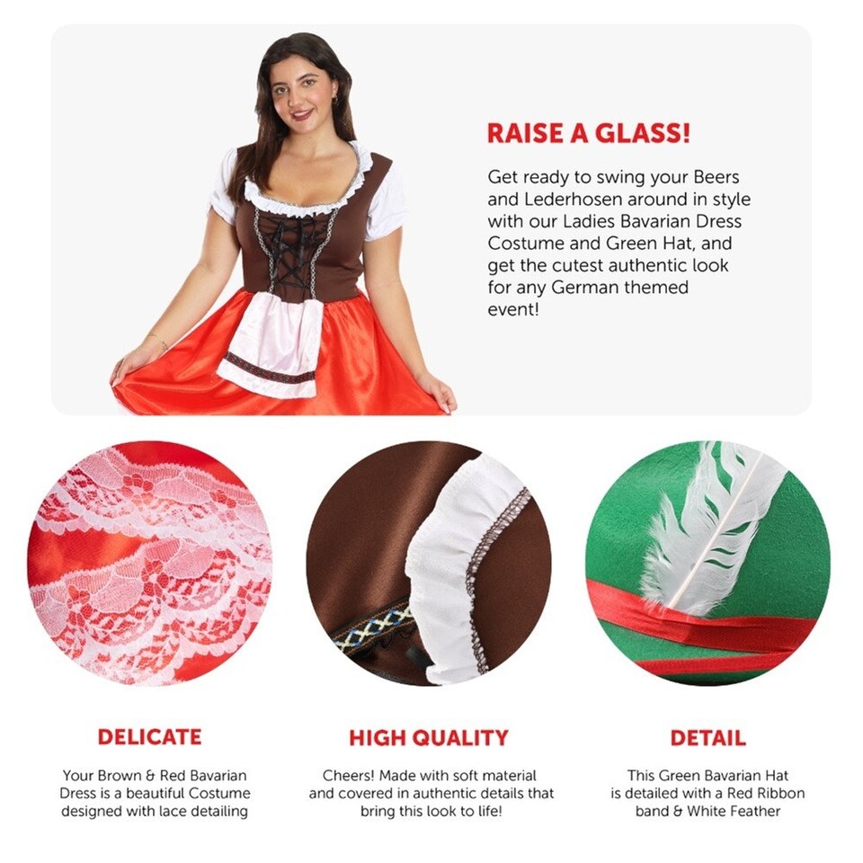 image 1 of Red & Brown Bavarian Dress with Green Hat | Red | XL