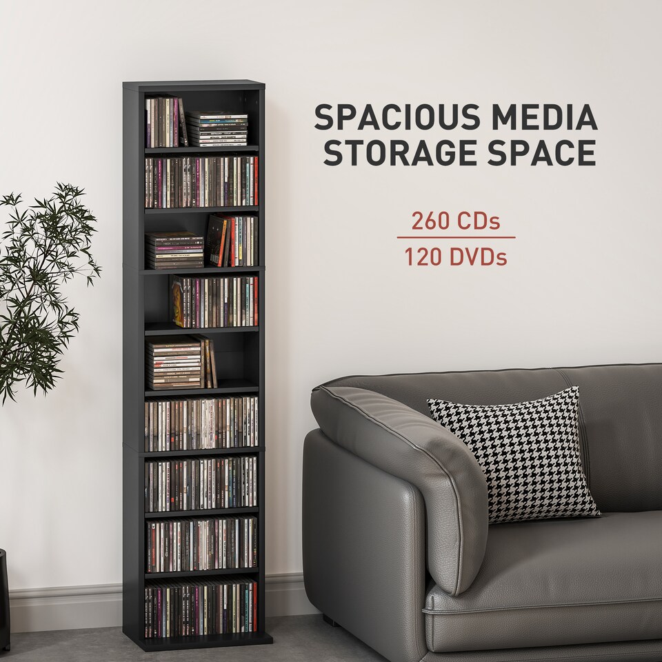 image 1 of HOMCOM 260 CD120 DVD Storage Unit, Blu-ray Media Storage Shelf with 9 Compartments and 6 Adjustable Shelves, CD Tower for Living Room, Bedroom, Office, Black | Black