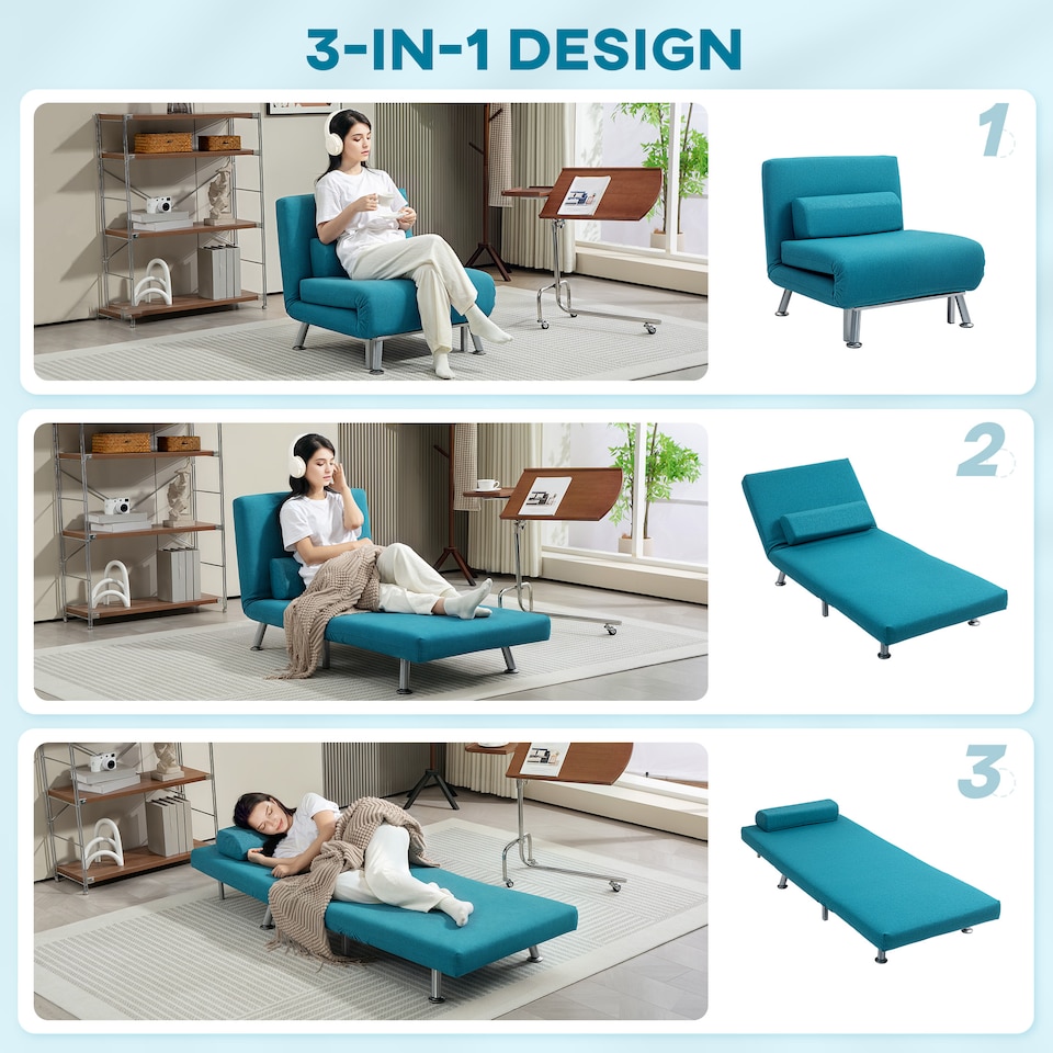 image 1 of HOMCOM Convertible Chair Bed, 3-in-1 Velvet Sleeper Chair with Adjustable Backrest, Pillow, for Living Room, Bedroom, Dark Blue | Blue | One Size