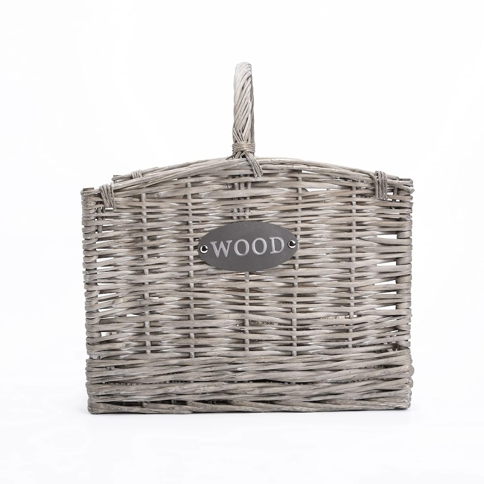 image 1 of Wickerfield Wicker Log Basket, Grey Firewood Basket With Handle, Rustic Fireside Wood Storage Basket For Fireplace, Wood Burner And Kindling (Set (L+M))