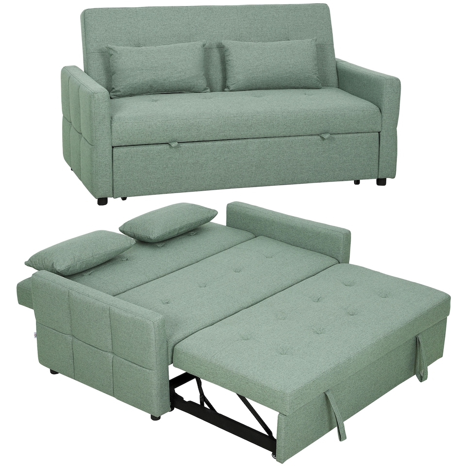 image 1 of HOMCOM 2 Seater Sofa Bed, Convertible Pull Out Bed Settee, Light Green