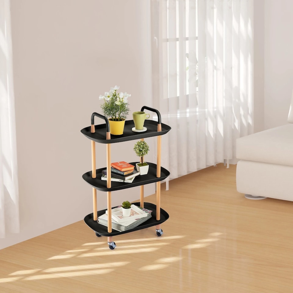 image 1 of 3 Tier Beech Wood & Plastic Serving Storage Trolley Food Drinks Cart on Wheels | Black | Black | 3 Tier | 1