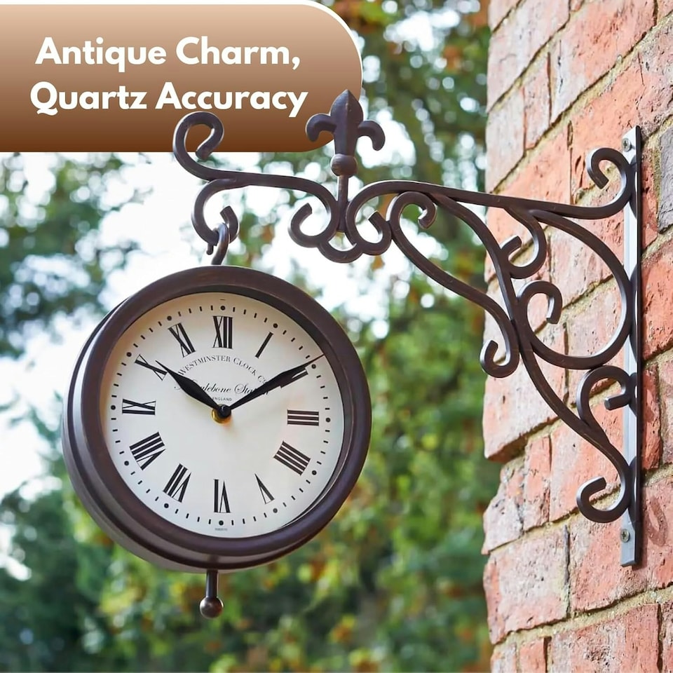 image 1 of Marco Paul 32cm Double Sided Outdoor Station Wall Clock and Thermometer Brown
