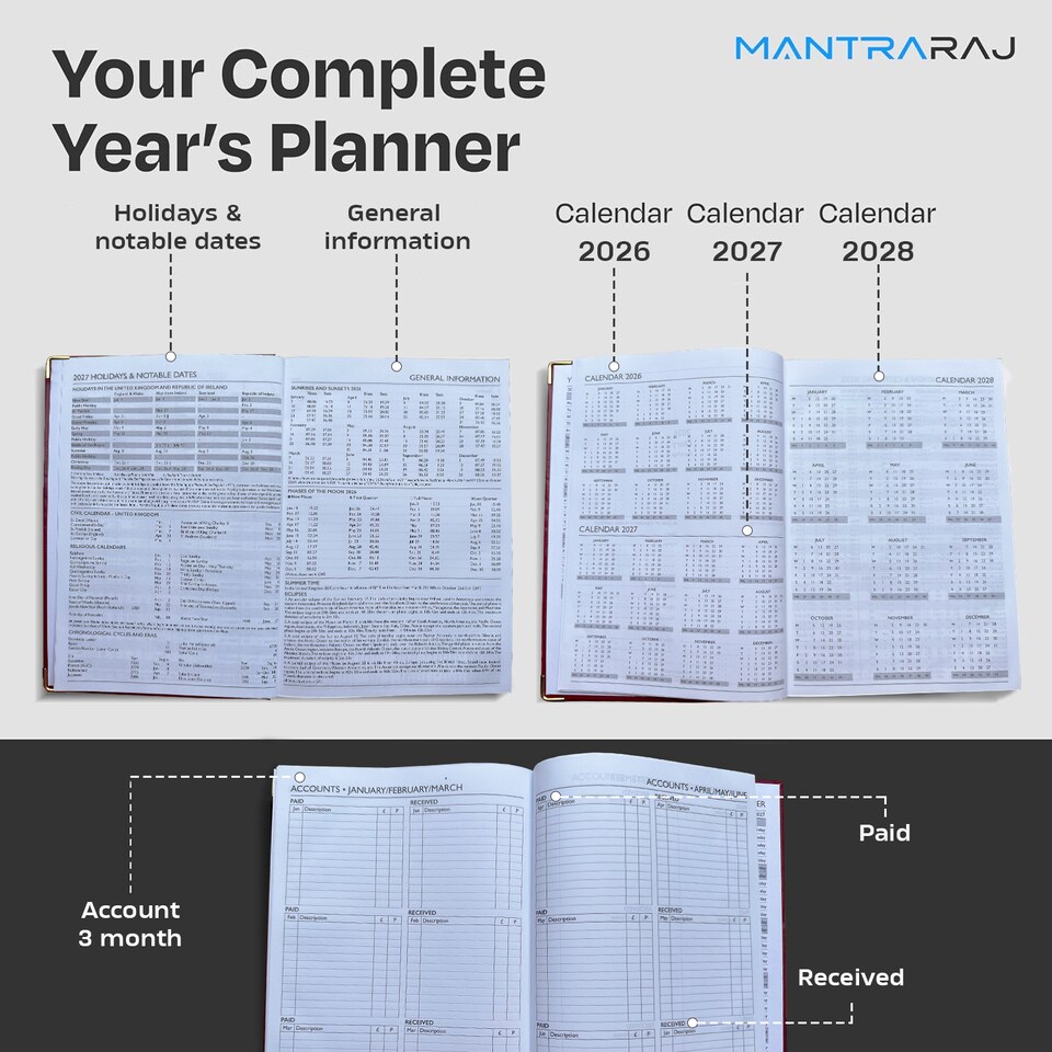 image 1 of MantraRaj 2027 Diary A5 Page A Day Padded Case Bound Desk Diary Office Organiser Planner Red