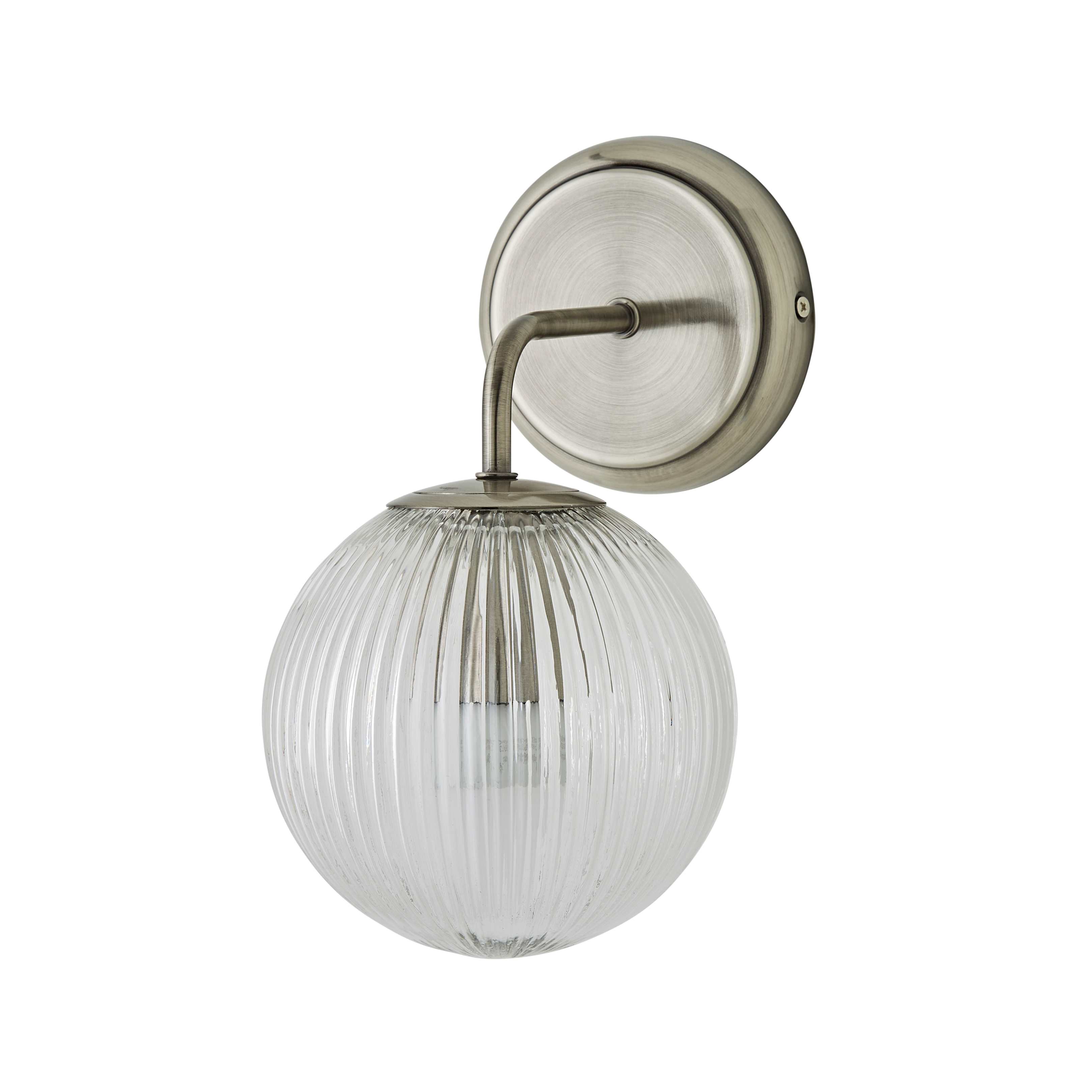 ValueLights Kempton Ribbed Glass Globe Shade Single Arm Wall Light in Silver