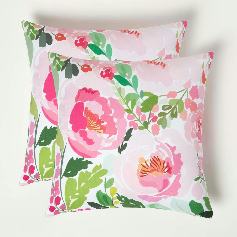 image 1 of Homescapes Pink Peony Outdoor Cushion 45 x 45 cm - Set of 2 Pink