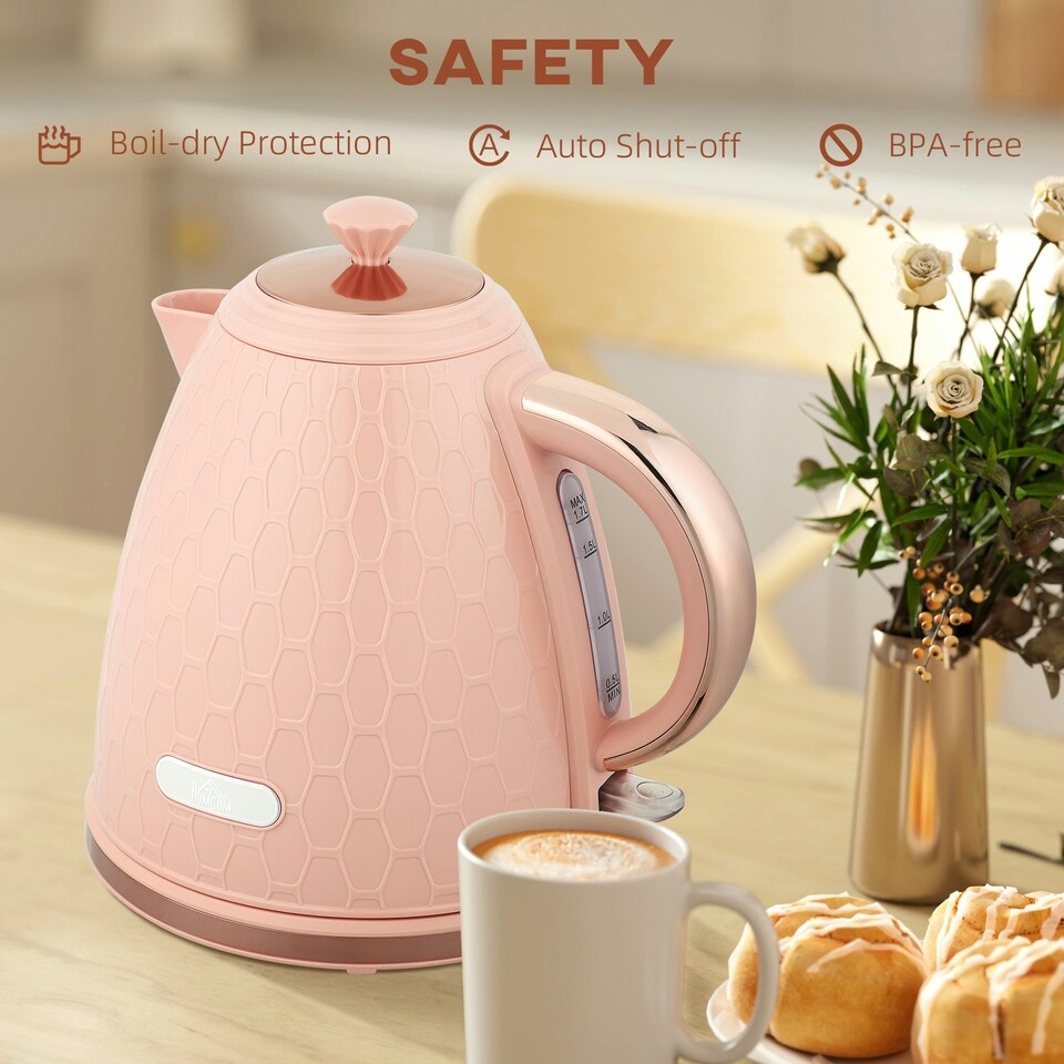 image 1 of HOMCOM Electric Kettle, Fast Boil, 1.7L, 3kW, Auto Shut-off, Light Pink