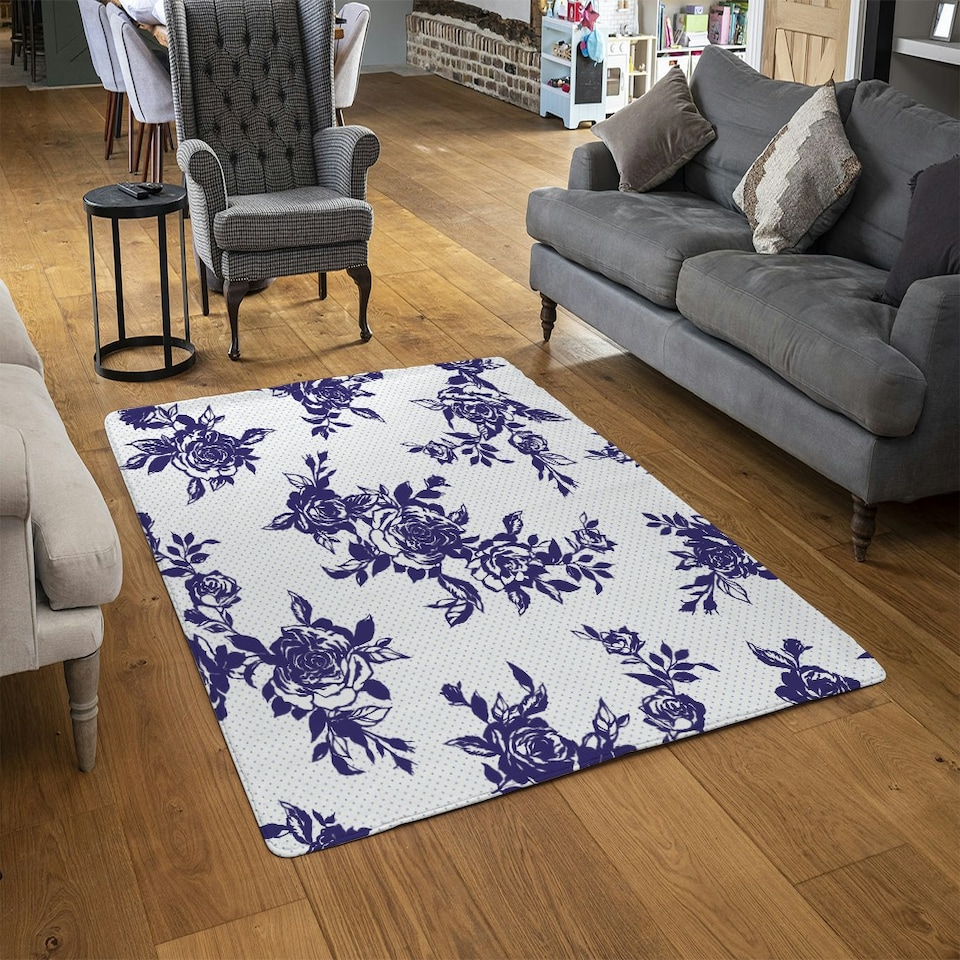 image 1 of Roses Print On Polka Dots (Rug) Blue | Medium: 80x150cm