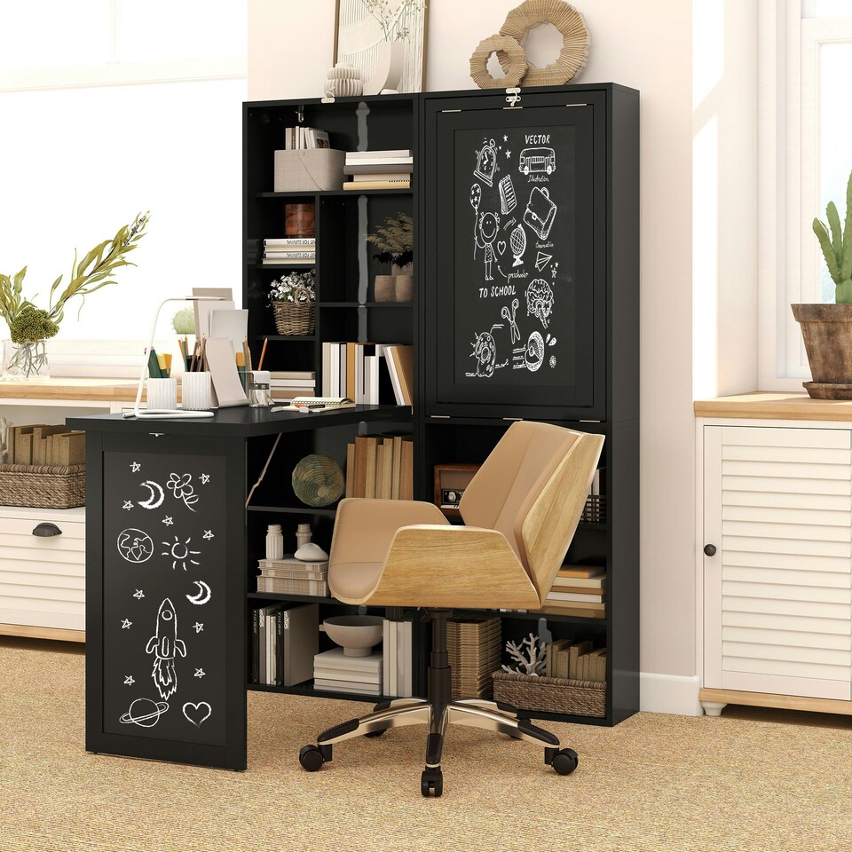 image 1 of HOMCOM Convertible Desk with Blackboard Multi-function Workstation, Black