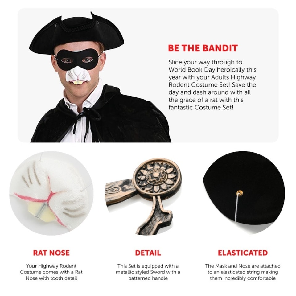image 1 of Highway Man Costume - Black Tricorn Hat and Accessories White | L