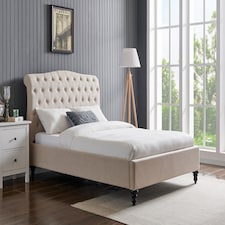 3ft Single Fabric upholstered, natural beige,buttoned back,curved bed frame,bedstead