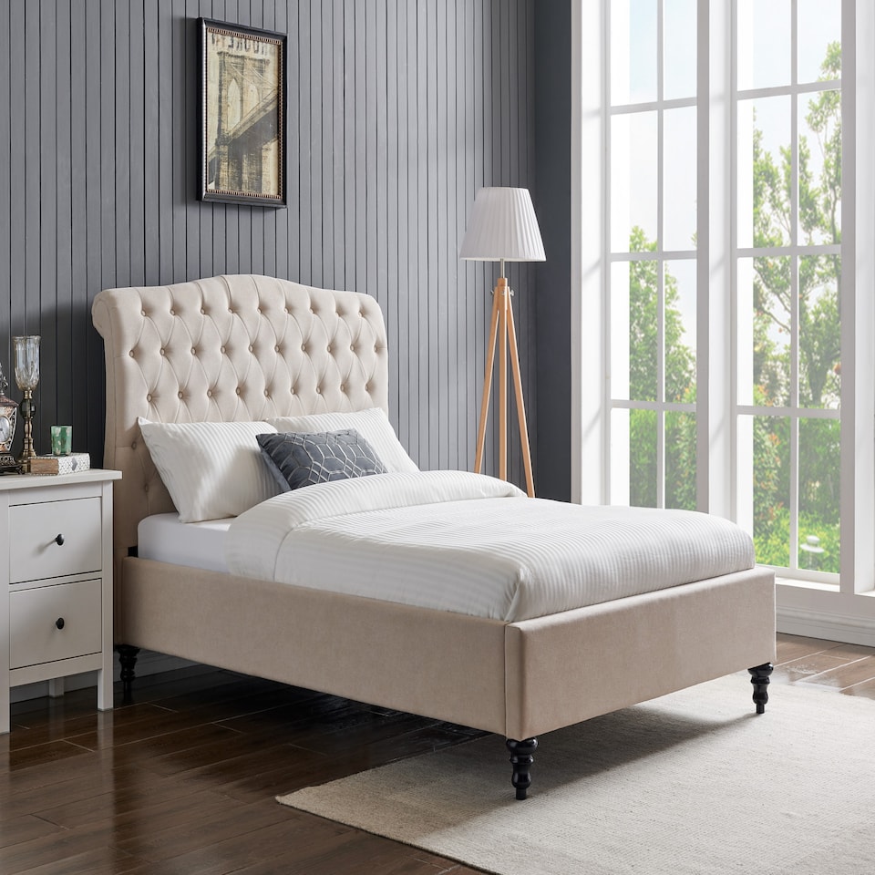 image 1 of 3ft Single Fabric upholstered, natural beige,buttoned back,curved bed frame,bedstead