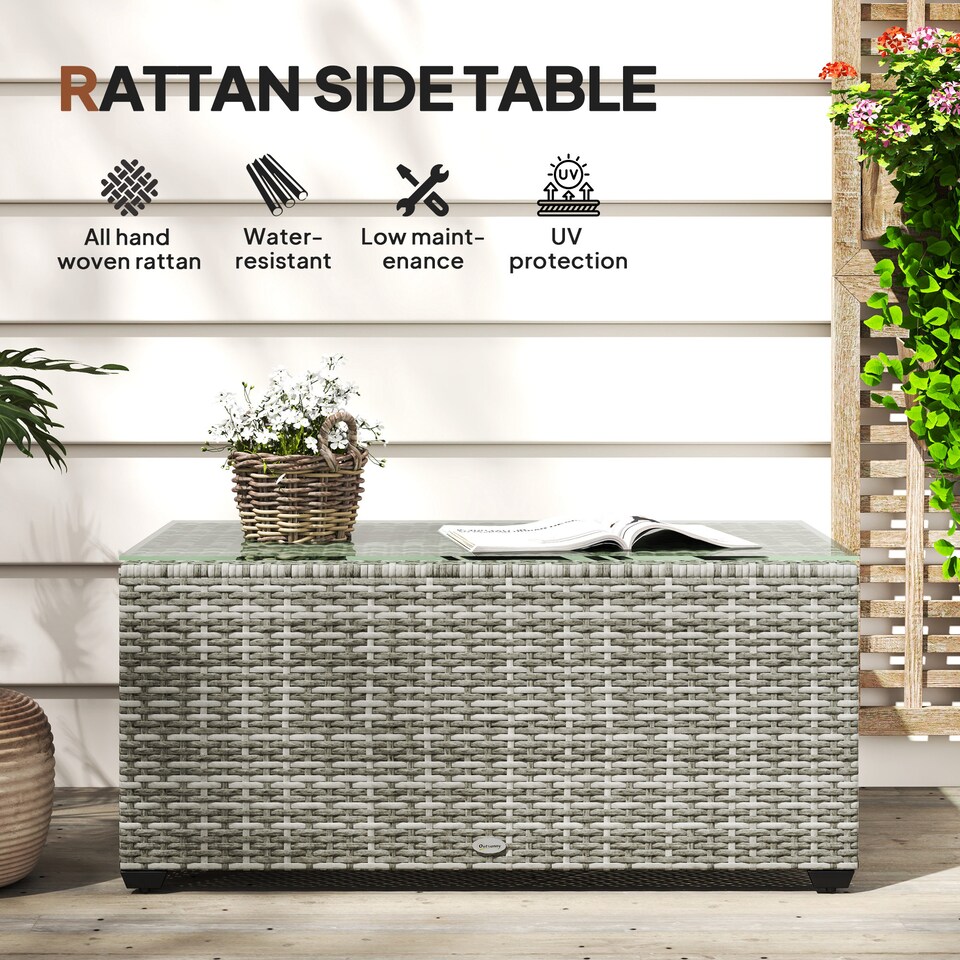 image 1 of Outsunny Outdoor Coffee Table, Glass Top Rattan Side Table, Light Grey