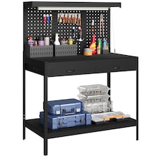 HOMCOM 110 cm Workbench with Pegboard and LED Light, 272 kg Load Capacity | Black | Black | 110L x 60W x 150H cm