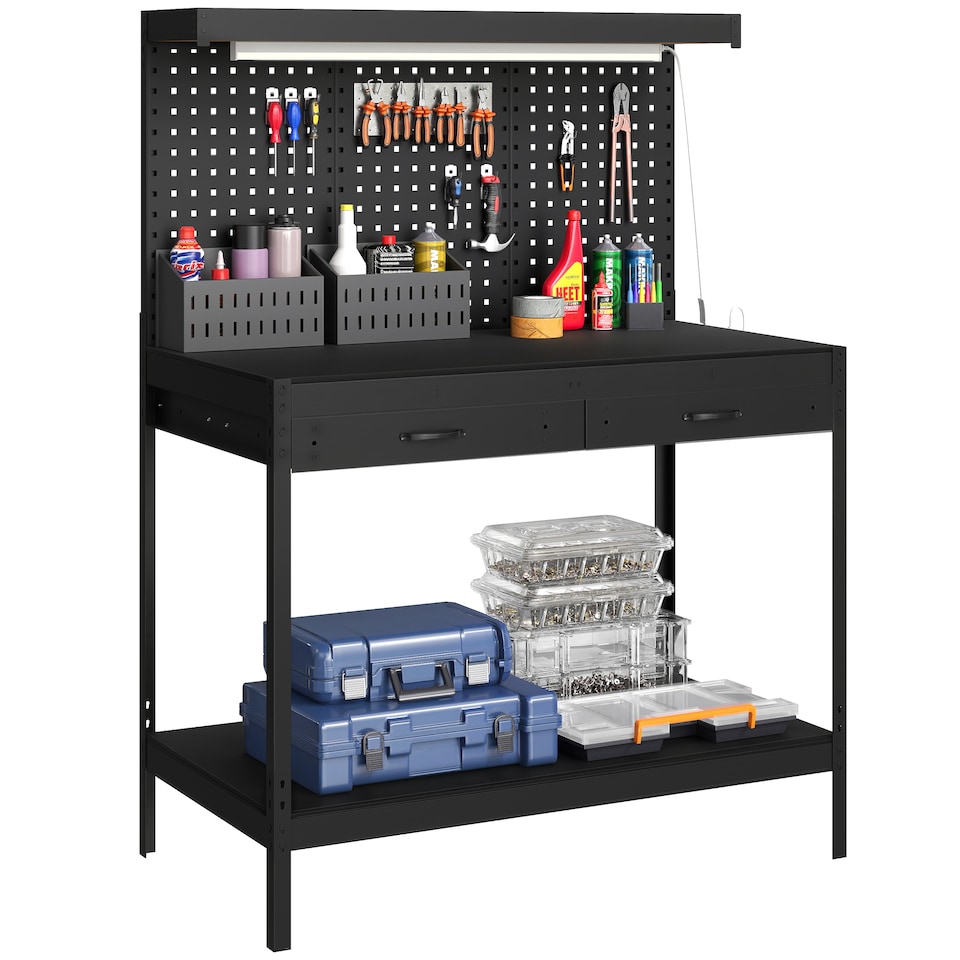 image 1 of HOMCOM 110 cm Workbench with Pegboard and LED Light, 272 kg Load Capacity | Black | Black | 110L x 60W x 150H cm