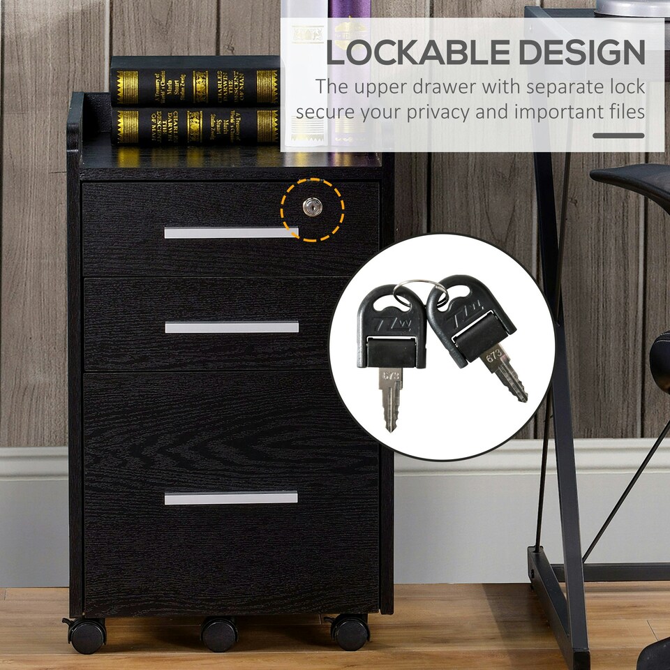 image 1 of HOMCOM 3 Drawer Mobile Filing Cabinet Lockable Filing Cabinet, Black Black