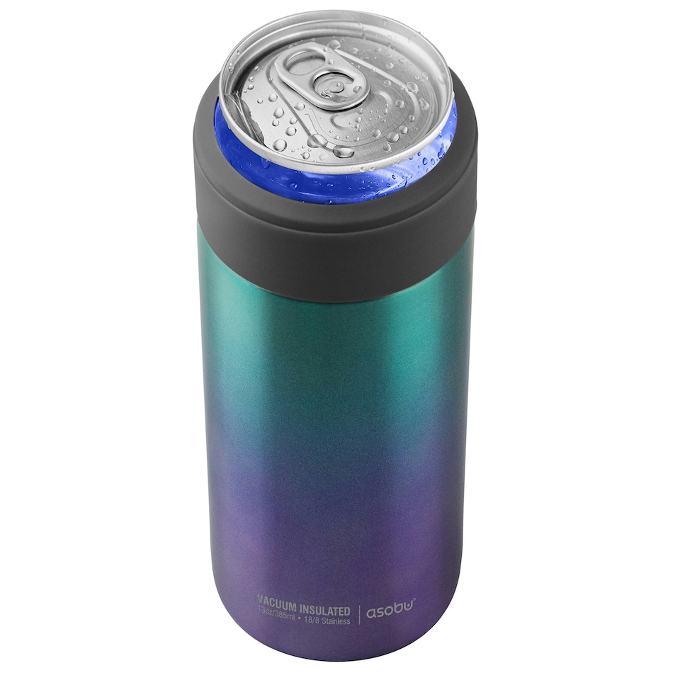 image 1 of Asobu Skinny Can Kuzie Insulated Stainless Steel Sleeve 350ml Unicorn/Teal