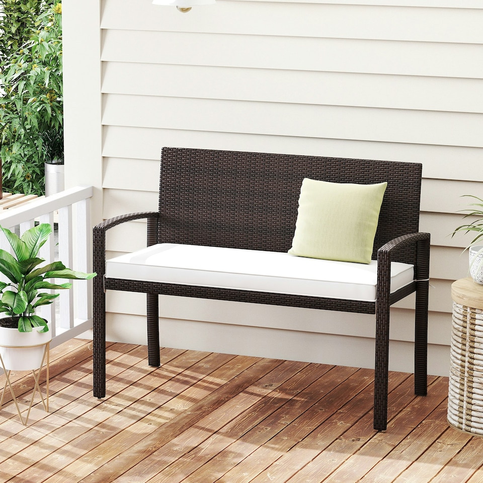 image 1 of COSTWAY Patio Rattan Loveseat Garden Wicker 2-Seat Bench White