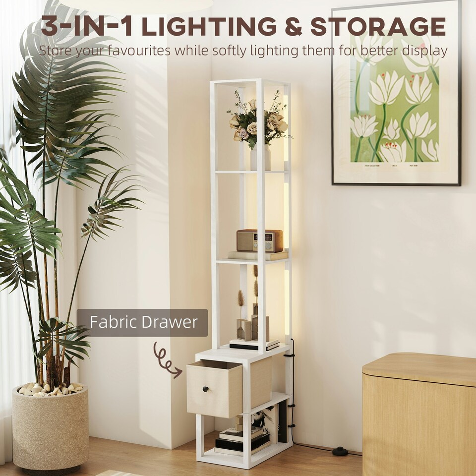 image 1 of HOMCOM Floor Lamp with Shelves, LED Standing Lamp with Fabric Drawer, White White