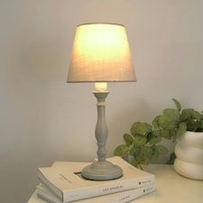 ValueLights Sara Grey Wood Traditional Candle Stick Table Lamp with Tapered Lamp Shade