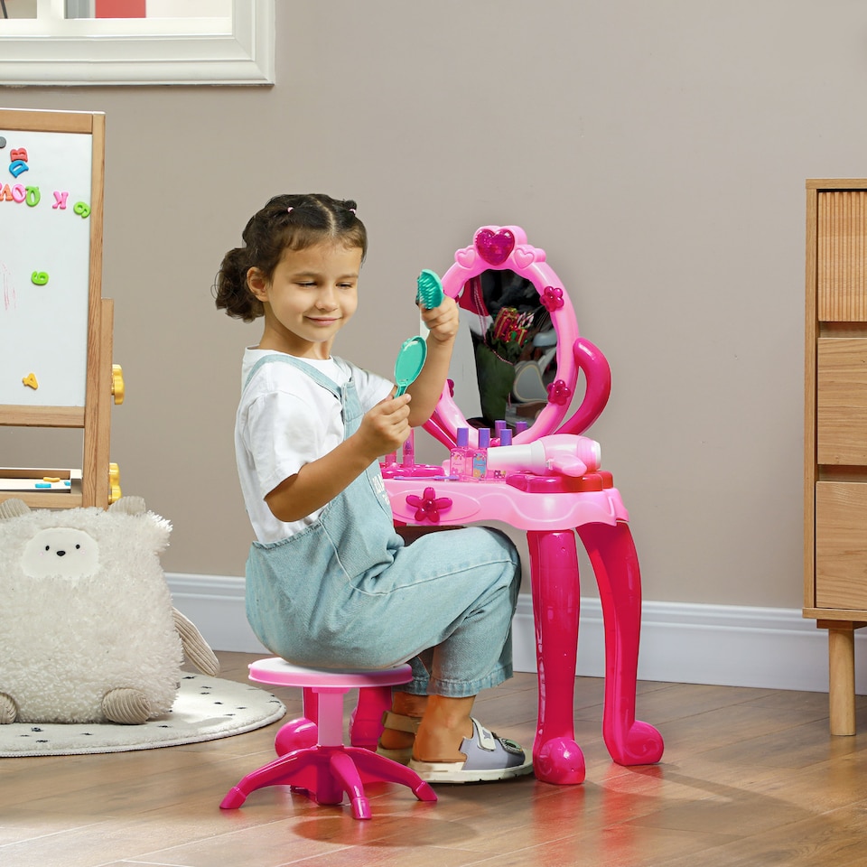 image 1 of AIYAPLAY Kids Dressing Table with Mirror and Stool, Kids Vanity Table Make Up Pretend Play Toys with Light, Music, 15 Accessories, for Ages 3-6 Years, Pink