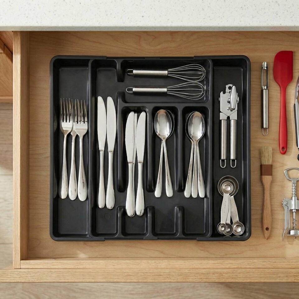image 1 of 7-Section Extendable Plastic Cutlery Tray Organiser | Black | 1