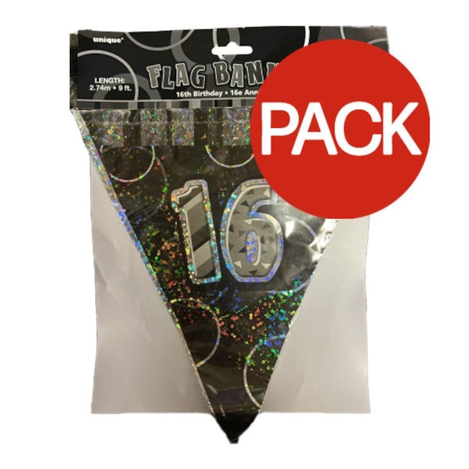 Unique Party 16th Birthday Flag Banner (Pack of 9) - Black/Silver - One Size
