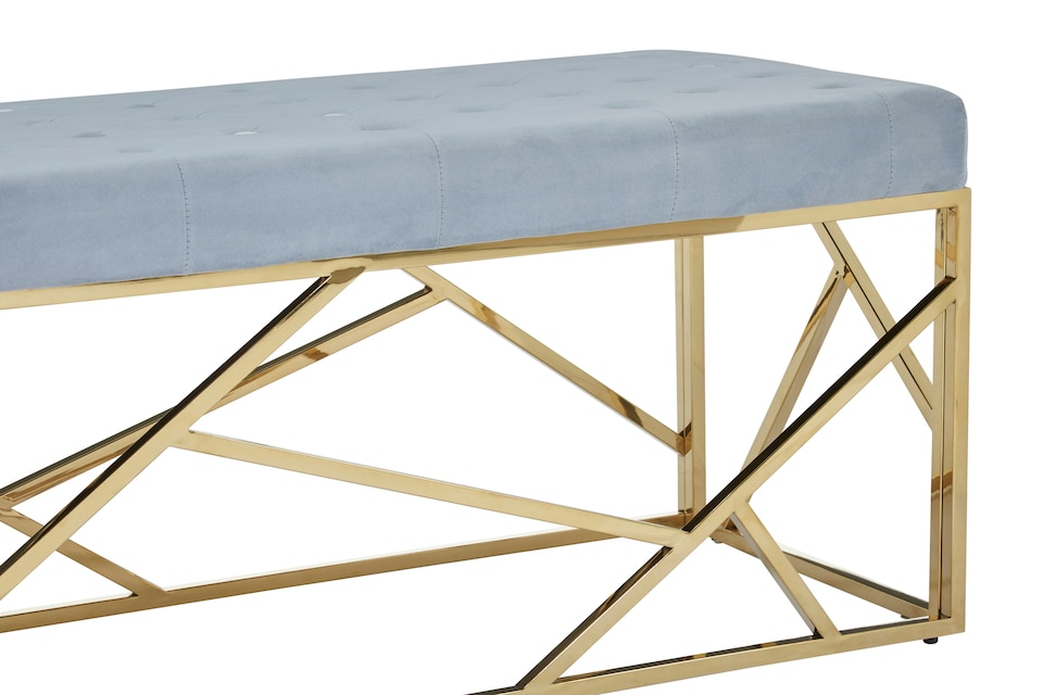 image 1 of Luxe Gold And Powder Blue Velvet Bench, Stylish Garden Bench For Outdoor, Accent Dining Bench For Diningroom | Blue