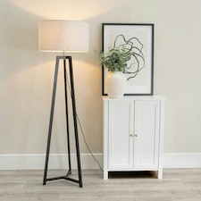 ValueLights Lottie Black Wood Tripod Floor Lamp with Grey Fabric Drum Shade