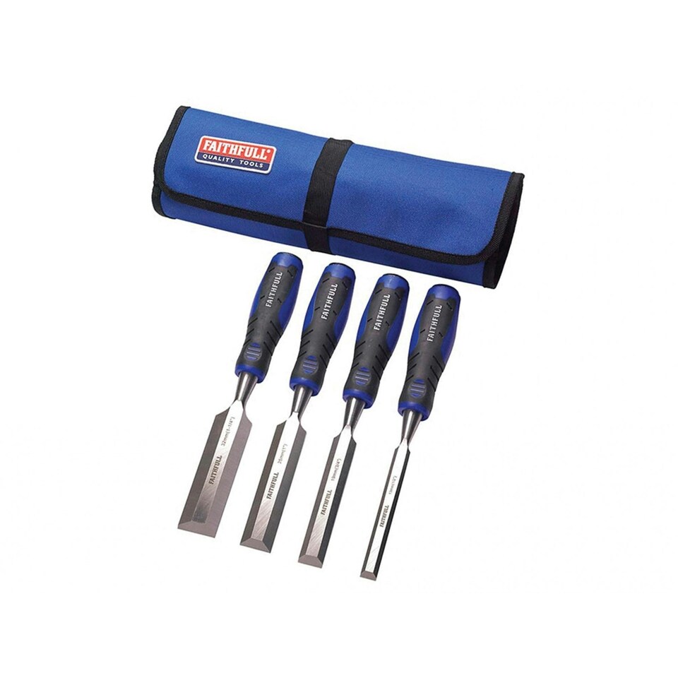 Faithfull Soft Grip Bevel Edge Chisel - Multi Colour - + Chisel Roll, 4 Piece: 13, 19, 25 & 32mm