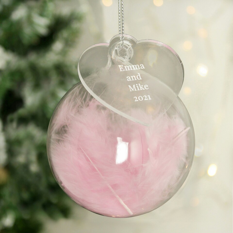 image 1 of Personalised Free Text Pink Feather Glass Bauble With Heart Tag