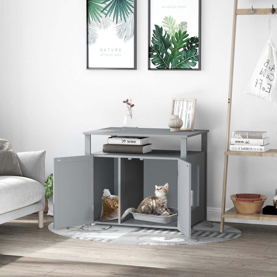 image 1 of PawHut Wood Cat Litter Box Enclosure Furniture w/ Adjustable Interior Wall Grey