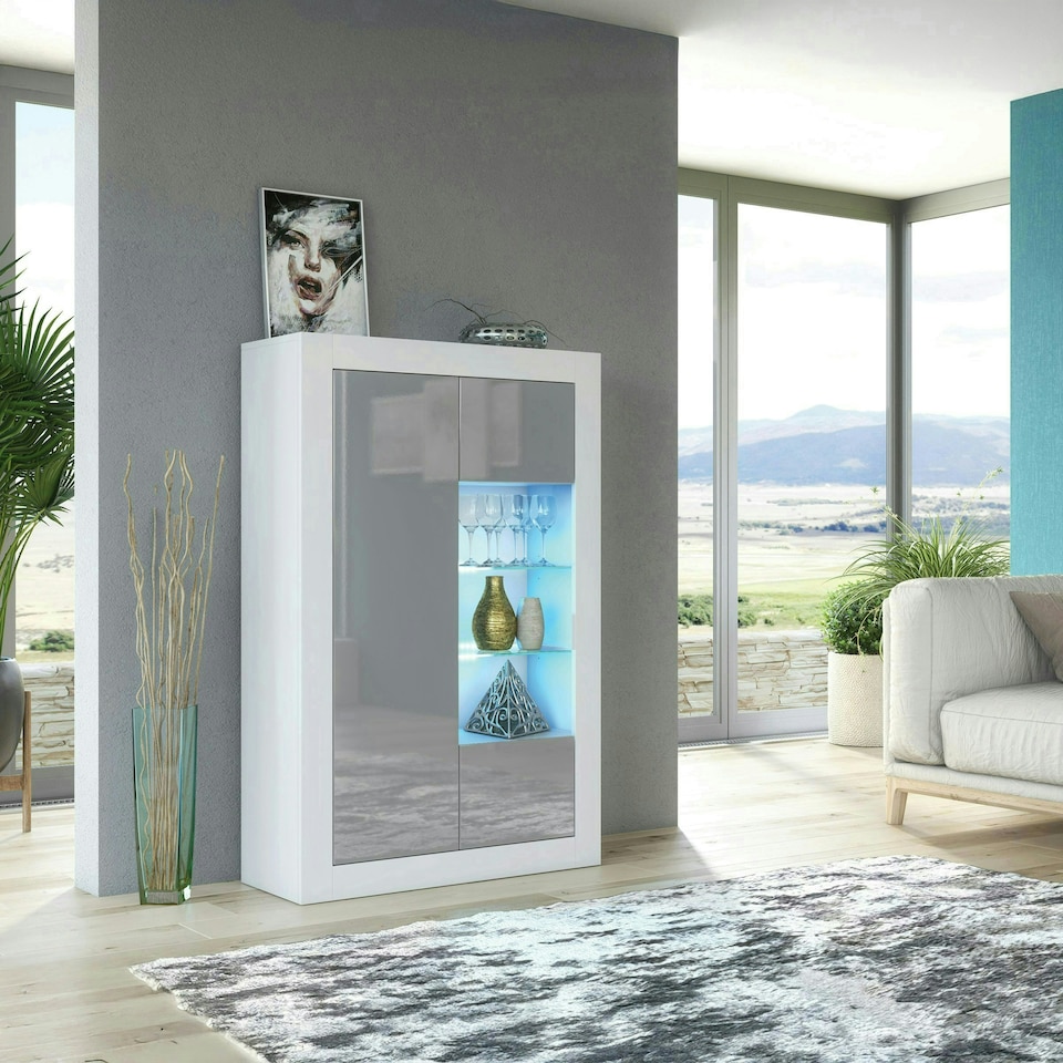 image 1 of Display Cabinet 93cm Grey Gloss Doors White Matt Body Free LED White | Grey