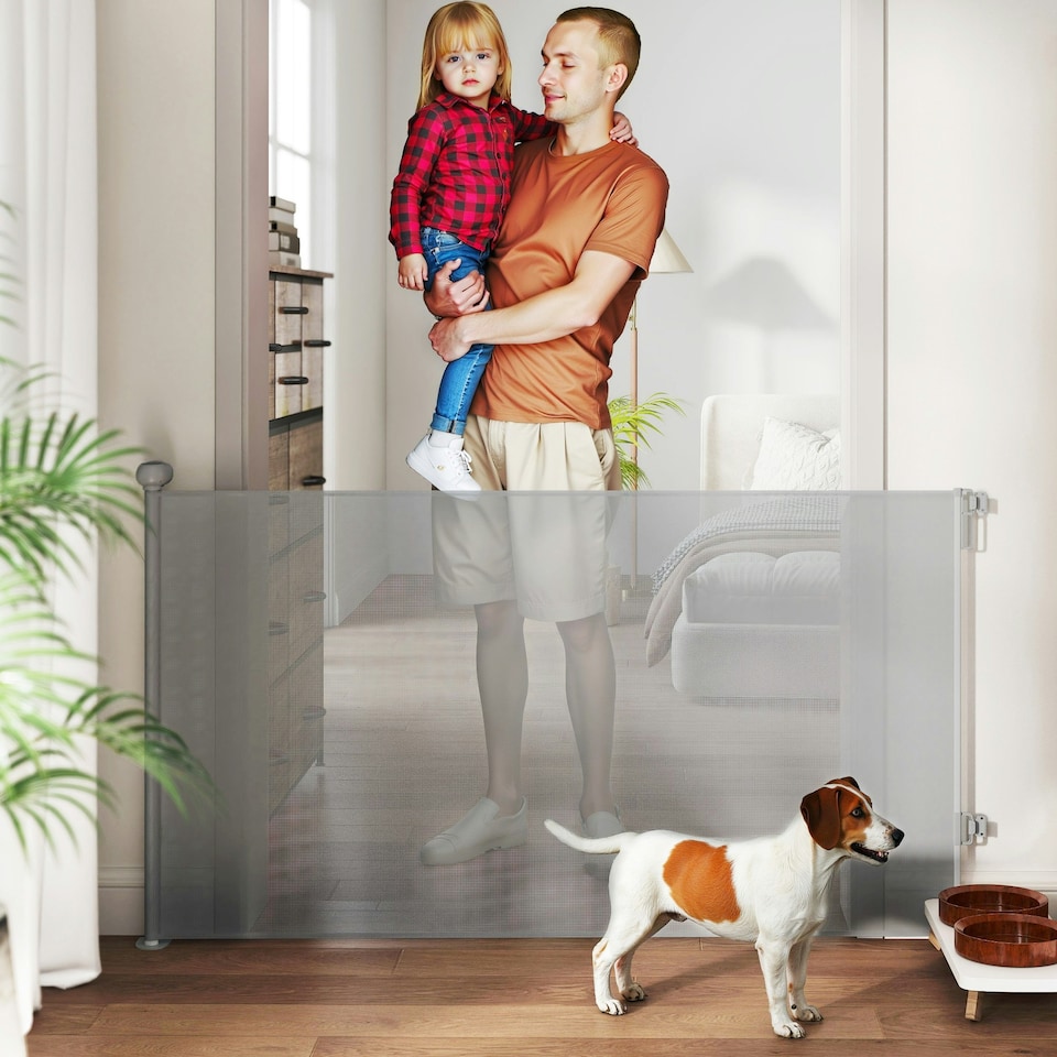 image 1 of PawHut Retractable Stair Gate, Dog Gate Extends Up to 140 cm Wide, Grey