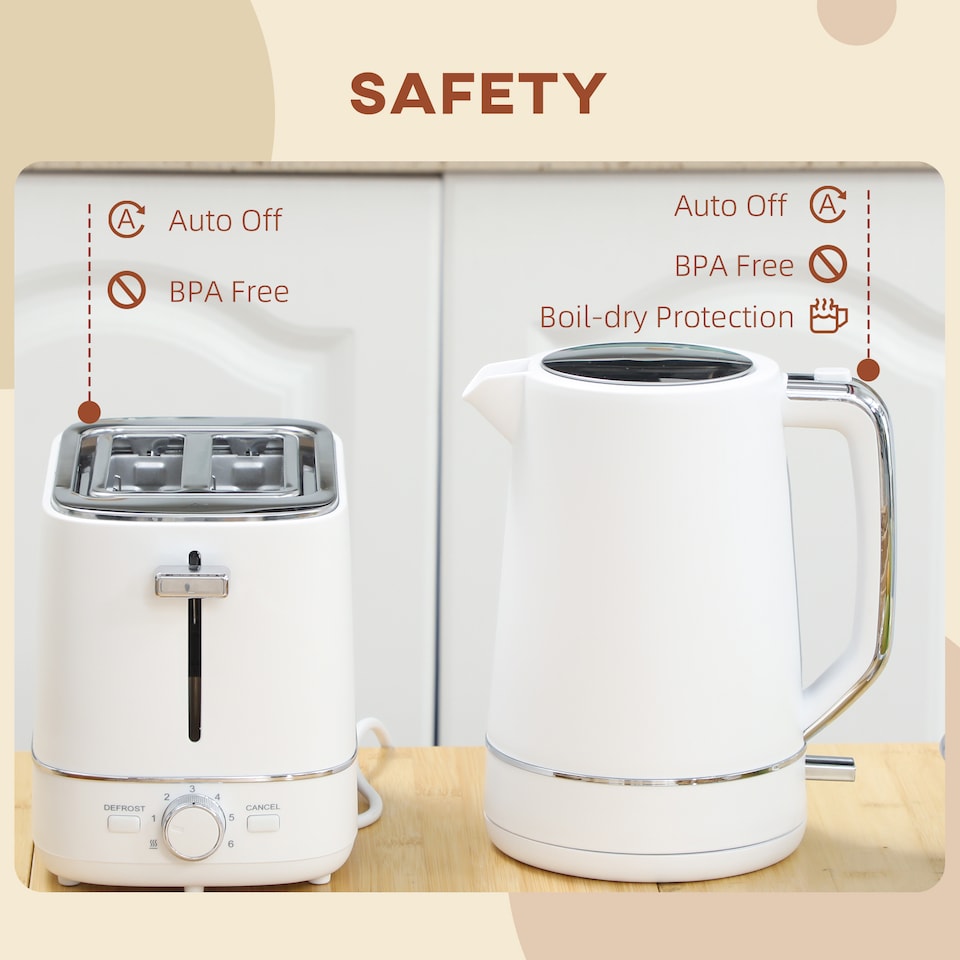 image 1 of HOMCOM Kettle and Toaster Set, 1.7L 3000W Fast Boil Kettle & 2 Slice Toaster Kitchen Set with 6 Level Browning Controls, Defrost, Reheat, White