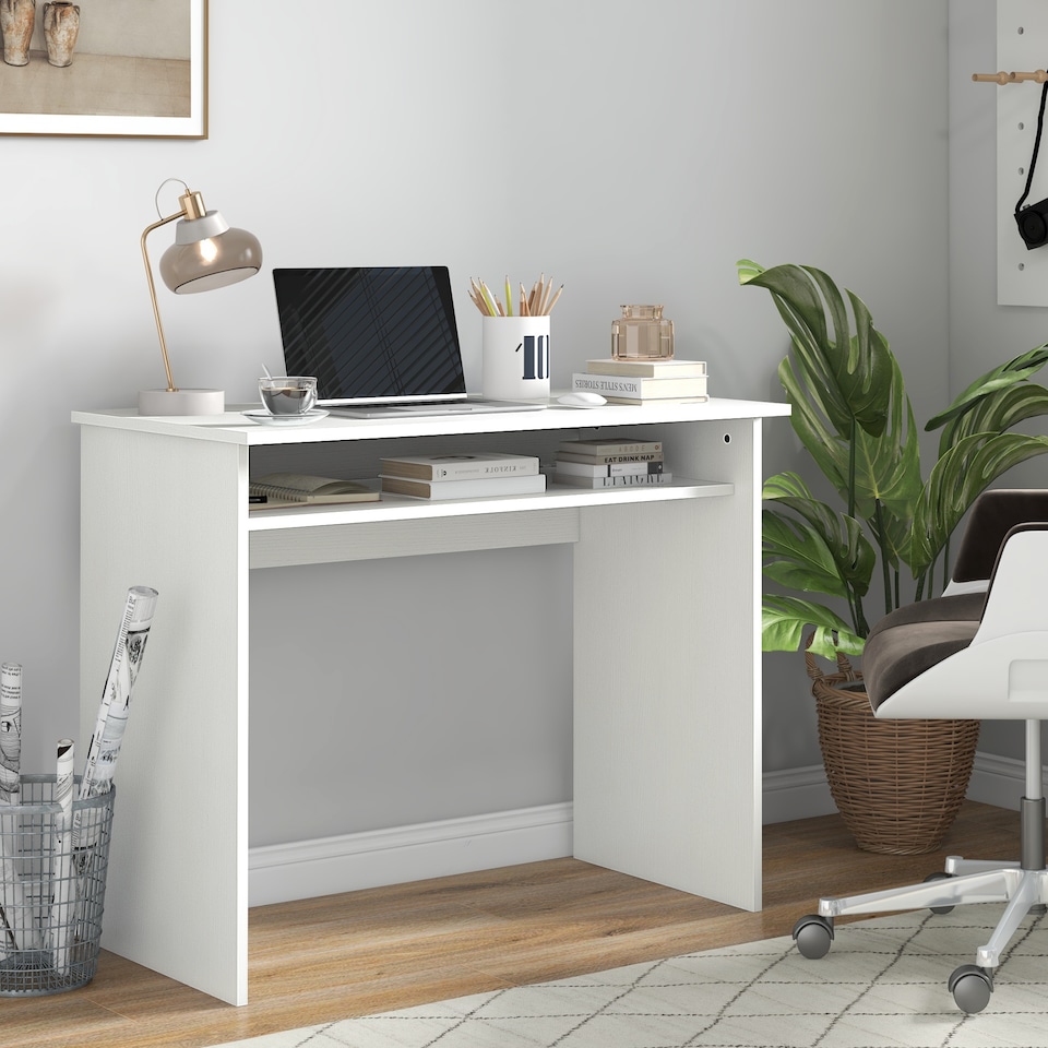 image 1 of HOMCOM Modern Computer Desk, Home Office Table, Small Writing Desk with Storage Shelf, 90 x 50cm, White Wood Grain