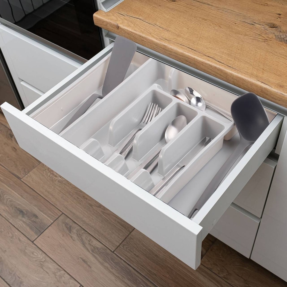 image 1 of 7-Section Extendable Plastic Cutlery Tray Organiser | Grey | 1