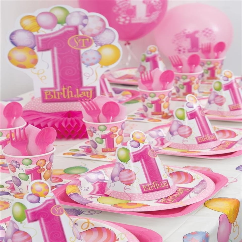 image 1 of Pack of 8 First Birthday Pink Balloons Party Hats