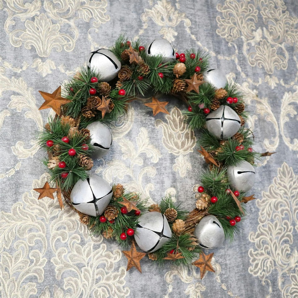 image 1 of 25cm Bells Stars and Pine Green Christmas Wreath